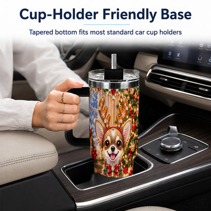 #pl[40oz|Black] Christmas Chihuahua 40oz Tumbler with Handle, Reindeer Dog Travel Cup