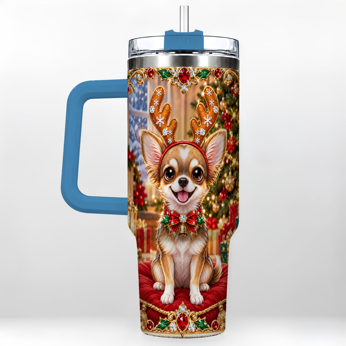 #pl[40oz|Blue] Christmas Chihuahua 40oz Tumbler with Handle, Reindeer Dog Travel Cup