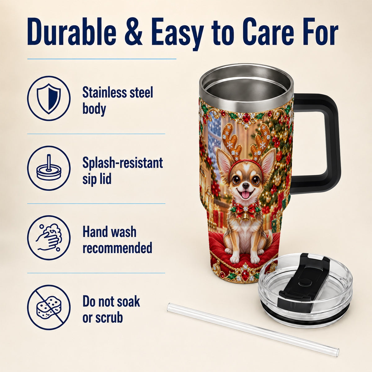 #pl[40oz|Black] Christmas Chihuahua 40oz Tumbler with Handle, Reindeer Dog Travel Cup