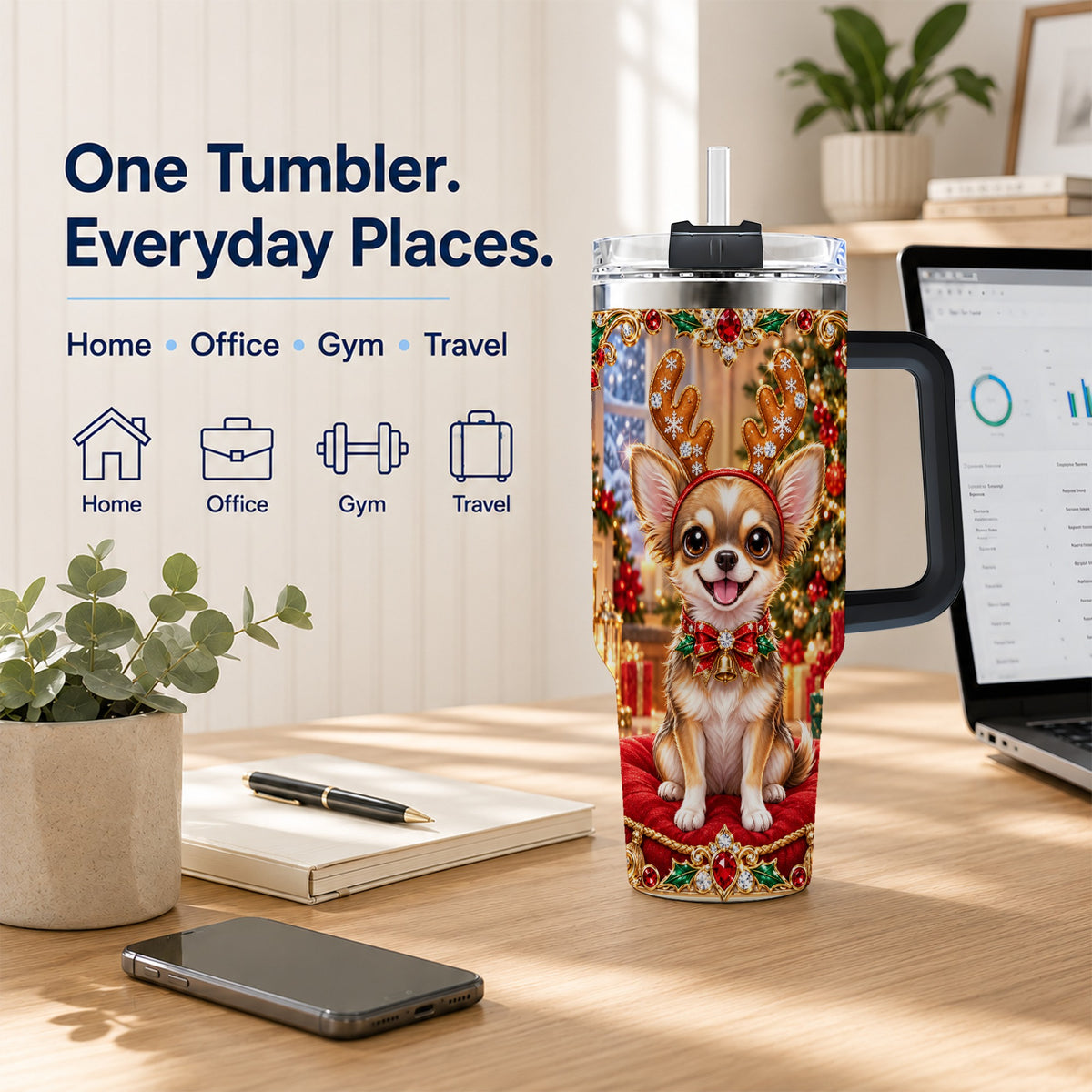 #pl[40oz|Black] Christmas Chihuahua 40oz Tumbler with Handle, Reindeer Dog Travel Cup