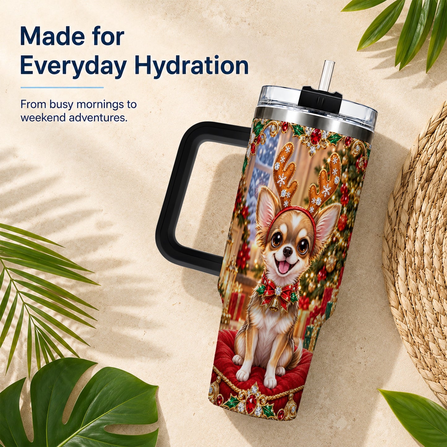#pl[40oz|Black] Christmas Chihuahua 40oz Tumbler with Handle, Reindeer Dog Travel Cup