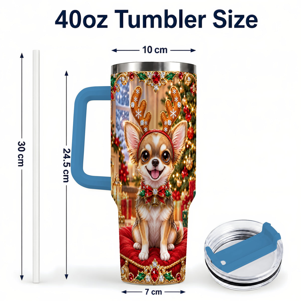 #pl[40oz|Blue] Christmas Chihuahua 40oz Tumbler with Handle, Reindeer Dog Travel Cup