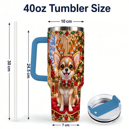 #pl[40oz|Blue] Christmas Chihuahua 40oz Tumbler with Handle, Reindeer Dog Travel Cup