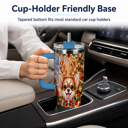 #pl[40oz|Blue] Christmas Chihuahua 40oz Tumbler with Handle, Reindeer Dog Travel Cup