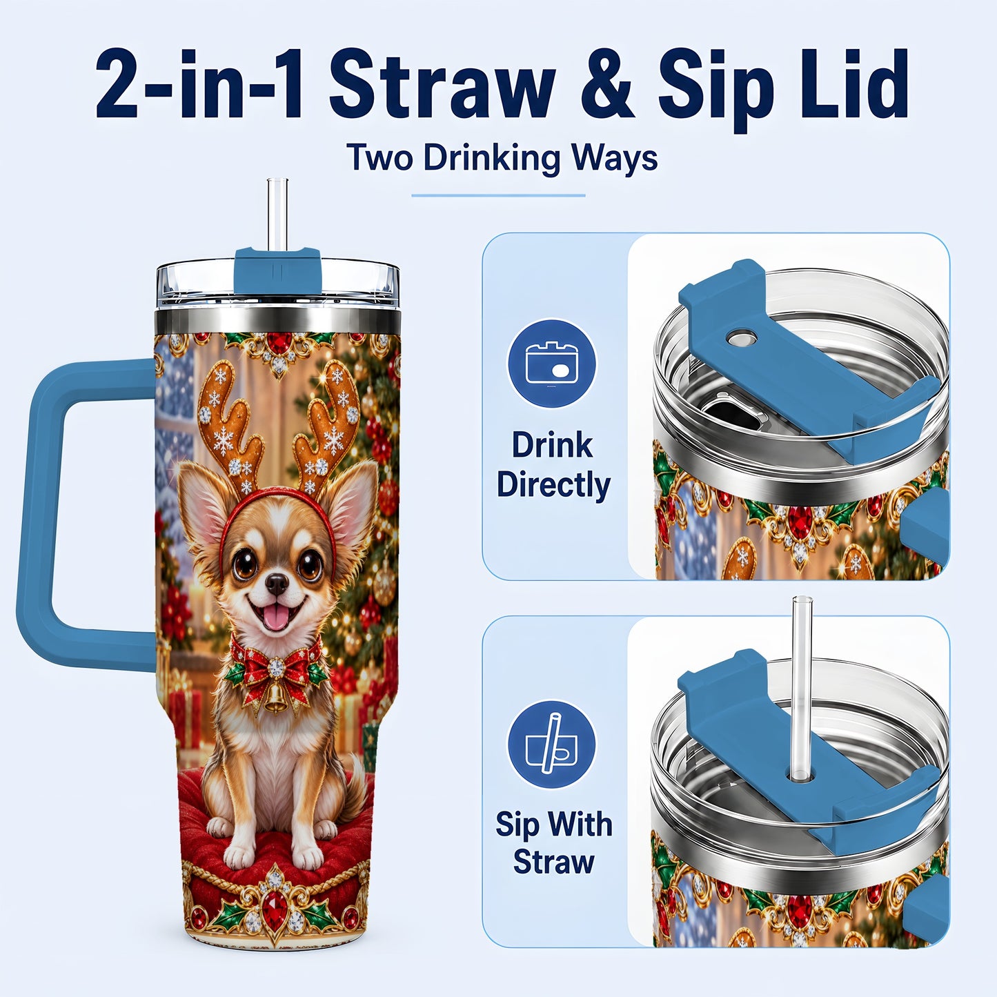 #pl[40oz|Blue] Christmas Chihuahua 40oz Tumbler with Handle, Reindeer Dog Travel Cup