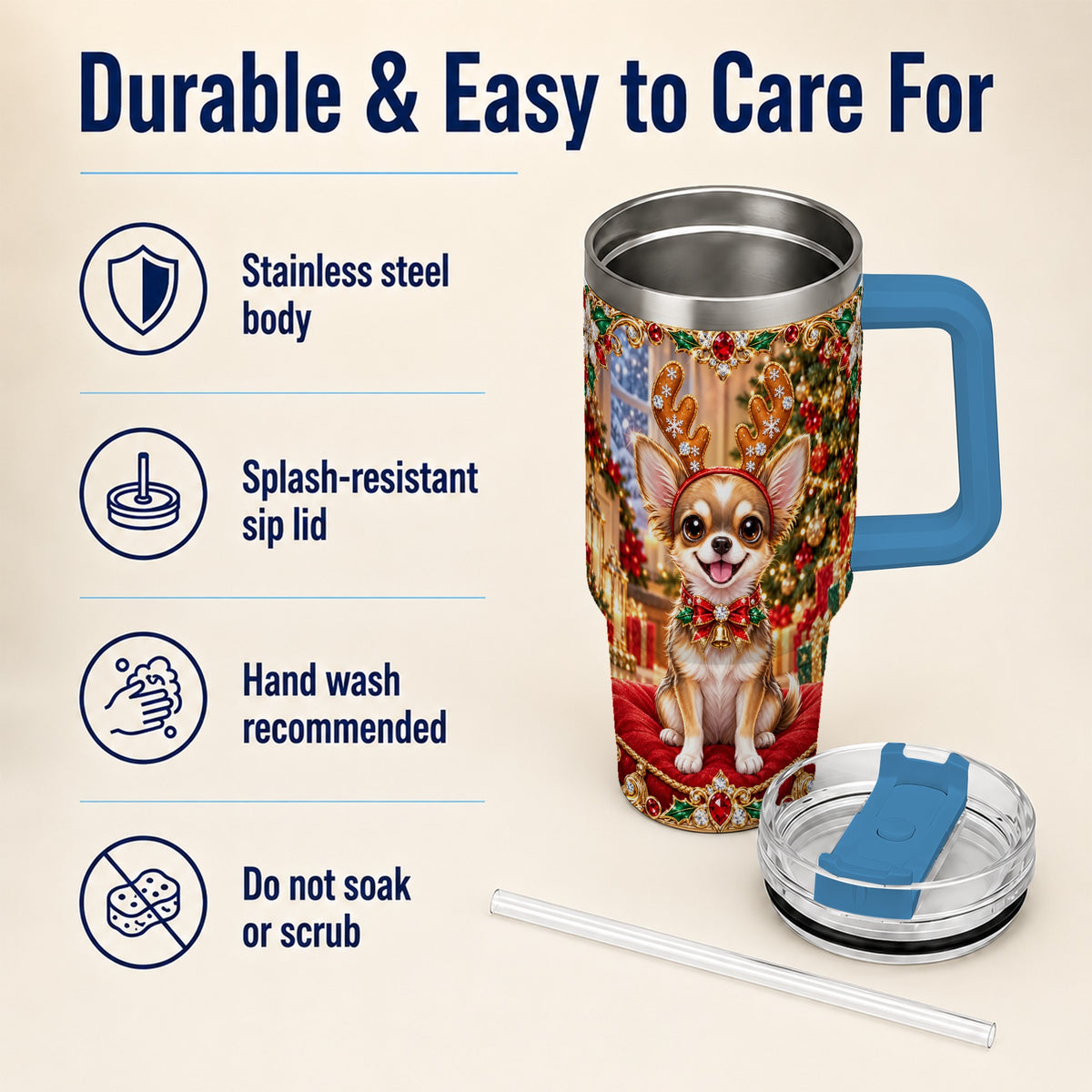 #pl[40oz|Blue] Christmas Chihuahua 40oz Tumbler with Handle, Reindeer Dog Travel Cup