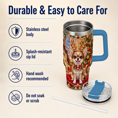 #pl[40oz|Blue] Christmas Chihuahua 40oz Tumbler with Handle, Reindeer Dog Travel Cup