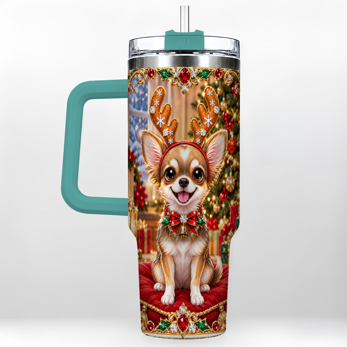 #pl[40oz|Green] Christmas Chihuahua 40oz Tumbler with Handle, Reindeer Dog Travel Cup