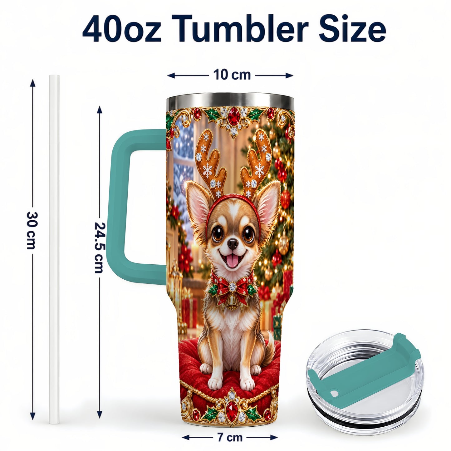 #pl[40oz|Green] Christmas Chihuahua 40oz Tumbler with Handle, Reindeer Dog Travel Cup