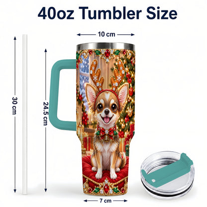 #pl[40oz|Green] Christmas Chihuahua 40oz Tumbler with Handle, Reindeer Dog Travel Cup