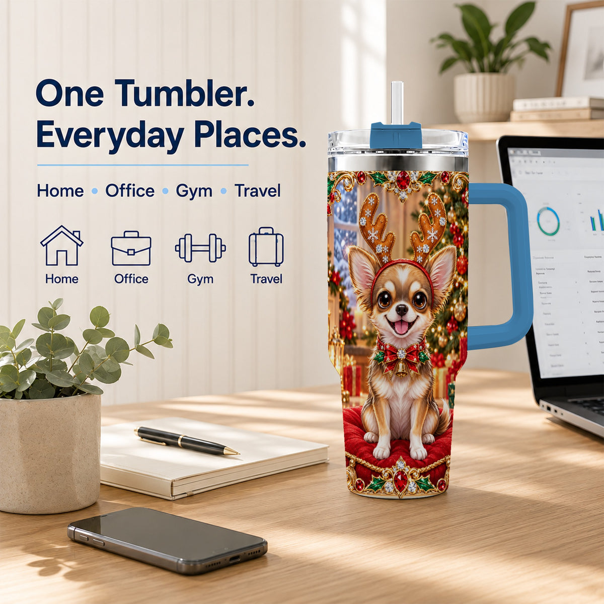 #pl[40oz|Blue] Christmas Chihuahua 40oz Tumbler with Handle, Reindeer Dog Travel Cup