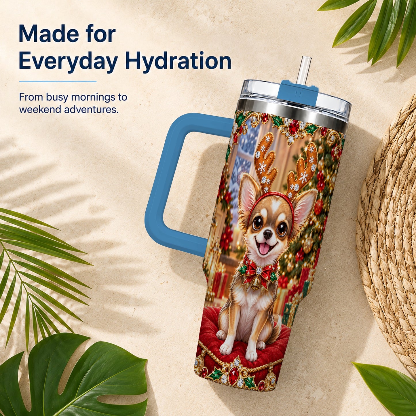 #pl[40oz|Blue] Christmas Chihuahua 40oz Tumbler with Handle, Reindeer Dog Travel Cup
