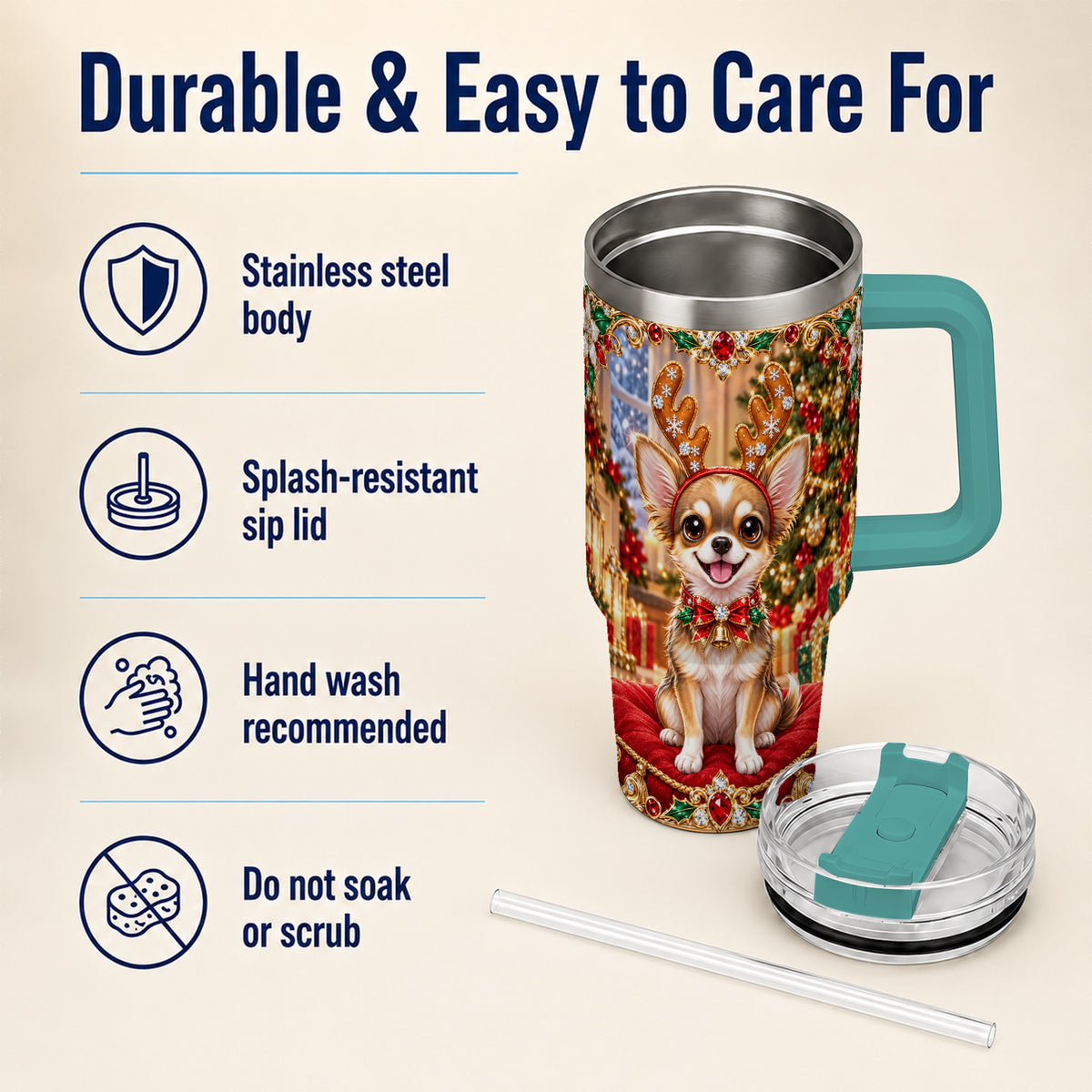 #pl[40oz|Green] Christmas Chihuahua 40oz Tumbler with Handle, Reindeer Dog Travel Cup