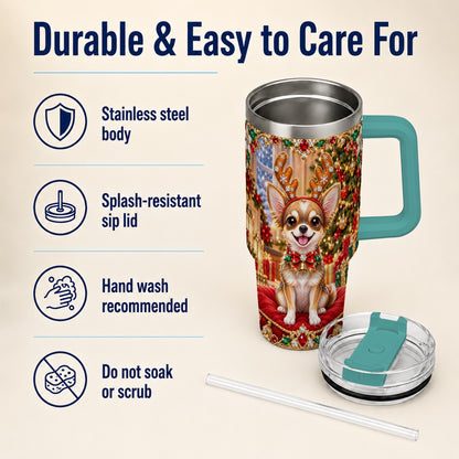 #pl[40oz|Green] Christmas Chihuahua 40oz Tumbler with Handle, Reindeer Dog Travel Cup