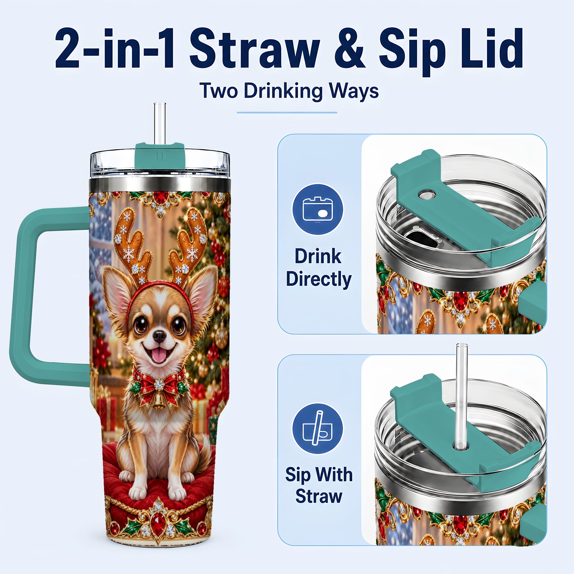 #pl[40oz|Green] Christmas Chihuahua 40oz Tumbler with Handle, Reindeer Dog Travel Cup