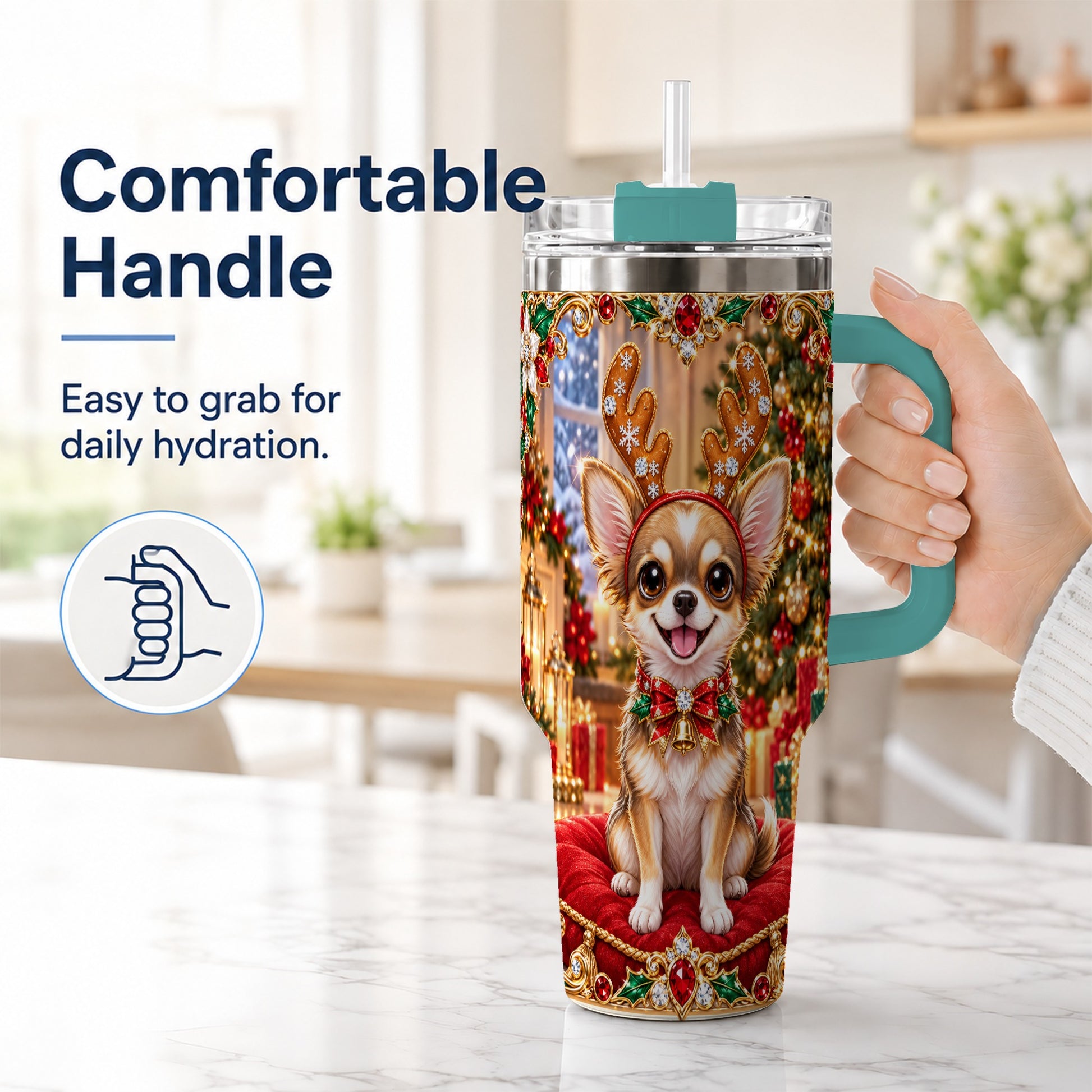 #pl[40oz|Green] Christmas Chihuahua 40oz Tumbler with Handle, Reindeer Dog Travel Cup