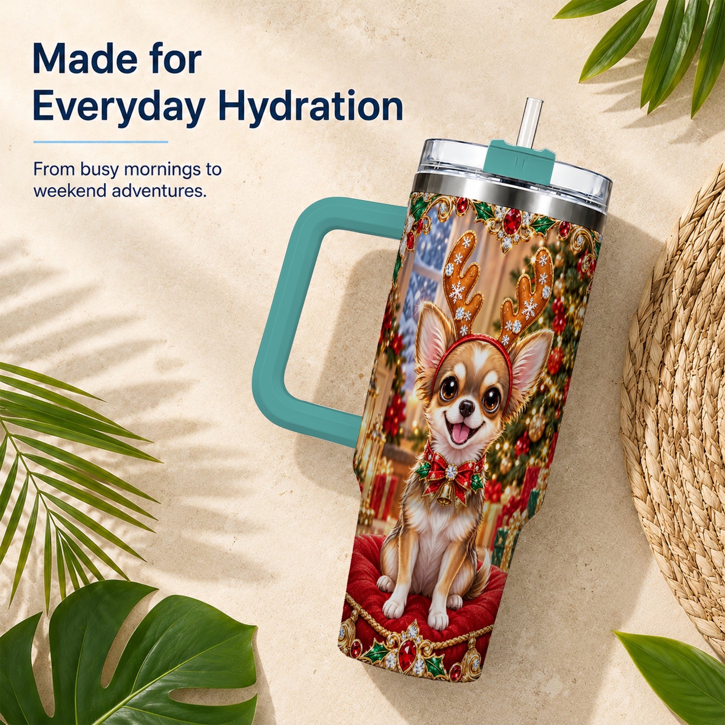 #pl[40oz|Green] Christmas Chihuahua 40oz Tumbler with Handle, Reindeer Dog Travel Cup