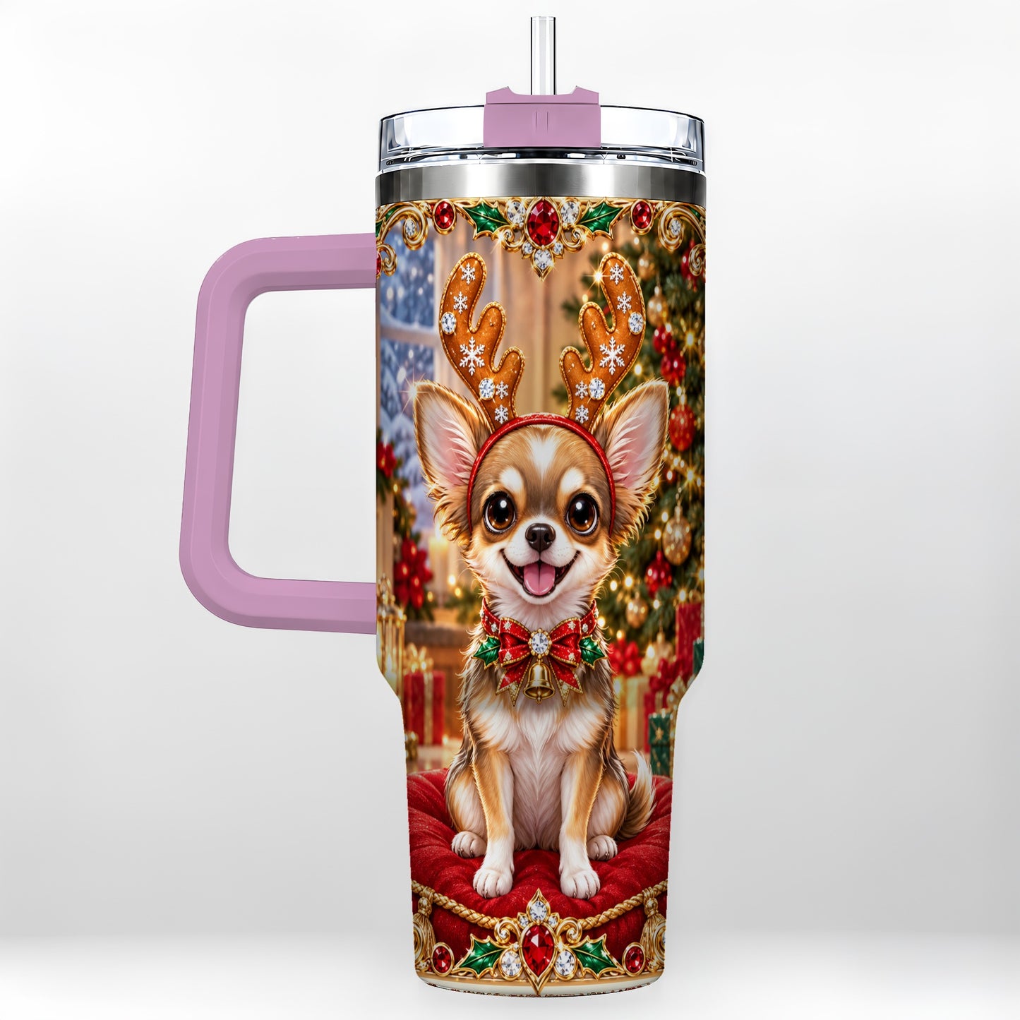 #pl[40oz|Pink] Christmas Chihuahua 40oz Tumbler with Handle, Reindeer Dog Travel Cup