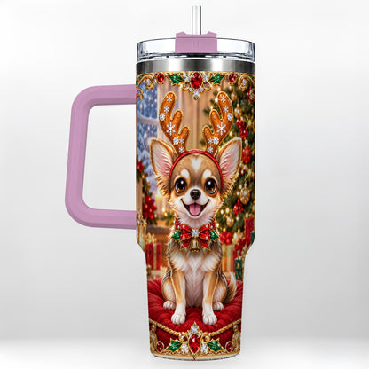 #pl[40oz|Pink] Christmas Chihuahua 40oz Tumbler with Handle, Reindeer Dog Travel Cup