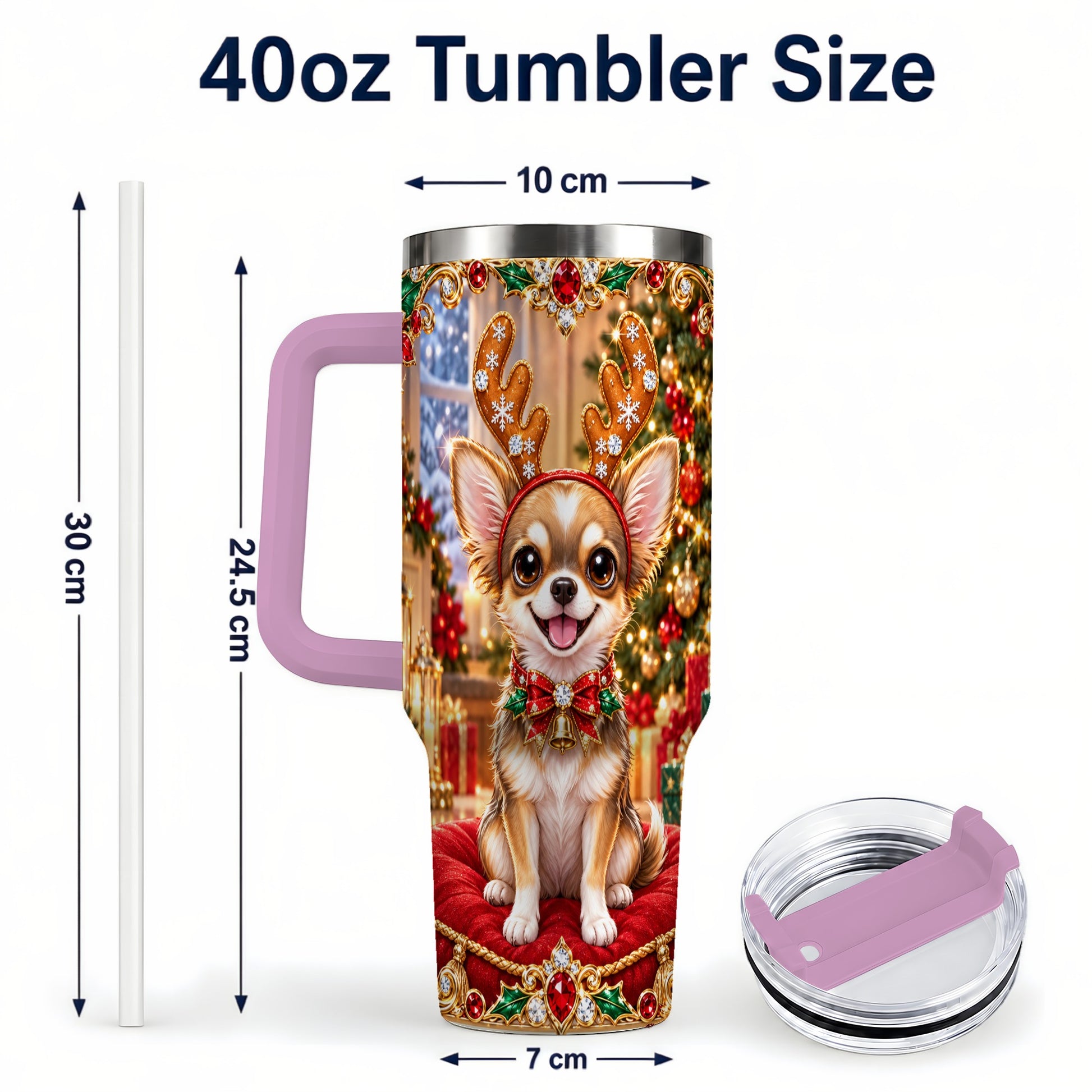 #pl[40oz|Pink] Christmas Chihuahua 40oz Tumbler with Handle, Reindeer Dog Travel Cup