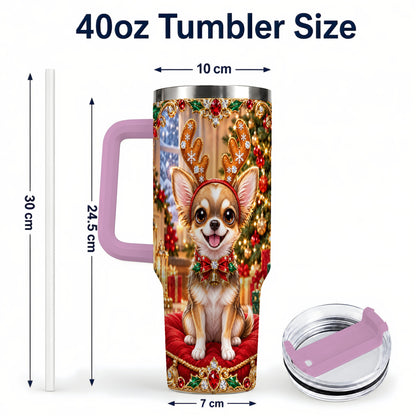 #pl[40oz|Pink] Christmas Chihuahua 40oz Tumbler with Handle, Reindeer Dog Travel Cup