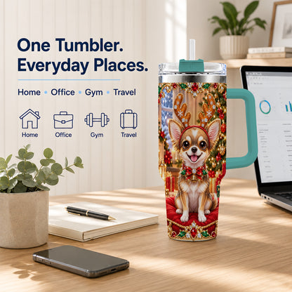 #pl[40oz|Green] Christmas Chihuahua 40oz Tumbler with Handle, Reindeer Dog Travel Cup