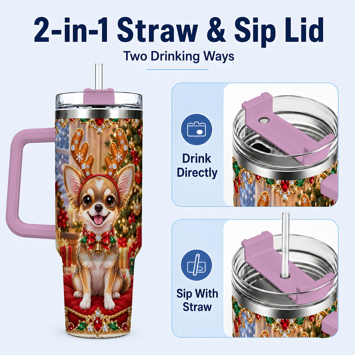 #pl[40oz|Pink] Christmas Chihuahua 40oz Tumbler with Handle, Reindeer Dog Travel Cup