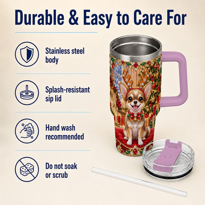 #pl[40oz|Pink] Christmas Chihuahua 40oz Tumbler with Handle, Reindeer Dog Travel Cup