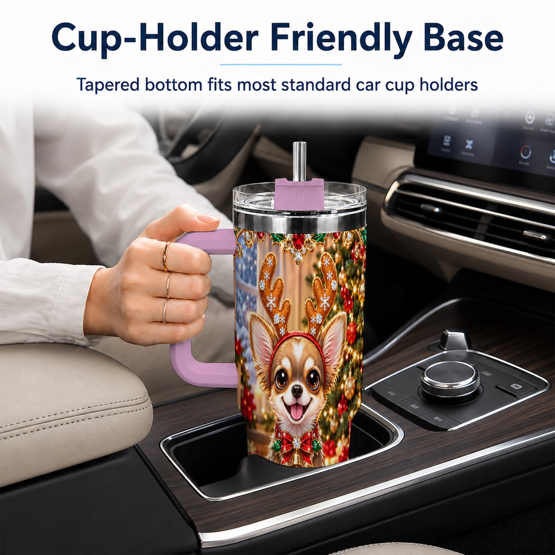 #pl[40oz|Pink] Christmas Chihuahua 40oz Tumbler with Handle, Reindeer Dog Travel Cup
