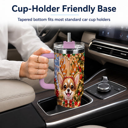 #pl[40oz|Pink] Christmas Chihuahua 40oz Tumbler with Handle, Reindeer Dog Travel Cup