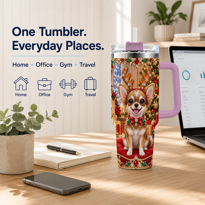 #pl[40oz|Pink] Christmas Chihuahua 40oz Tumbler with Handle, Reindeer Dog Travel Cup