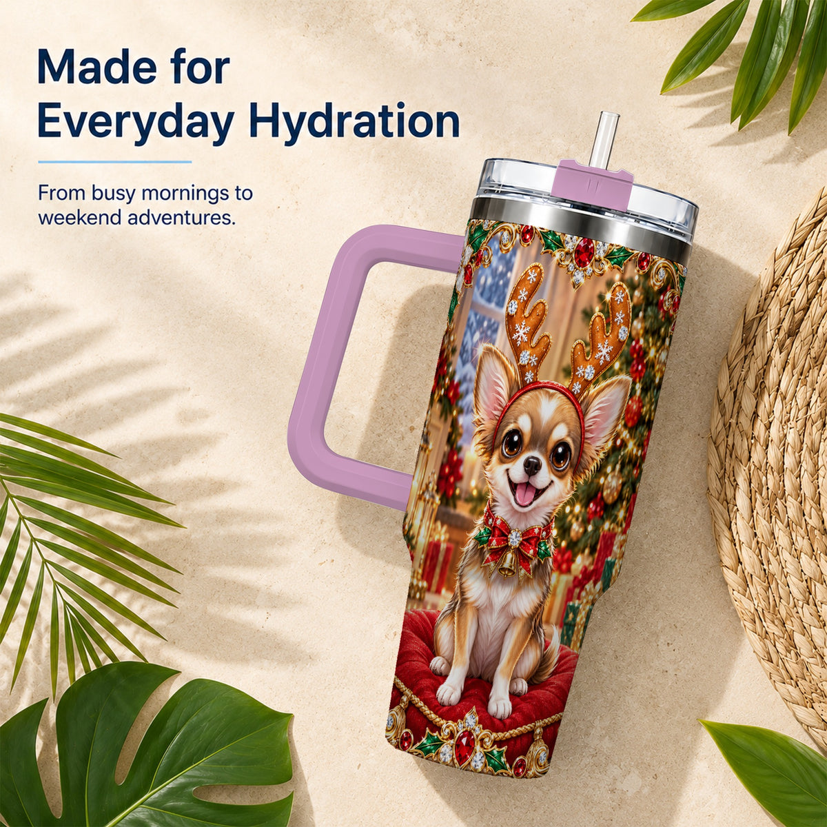 #pl[40oz|Pink] Christmas Chihuahua 40oz Tumbler with Handle, Reindeer Dog Travel Cup