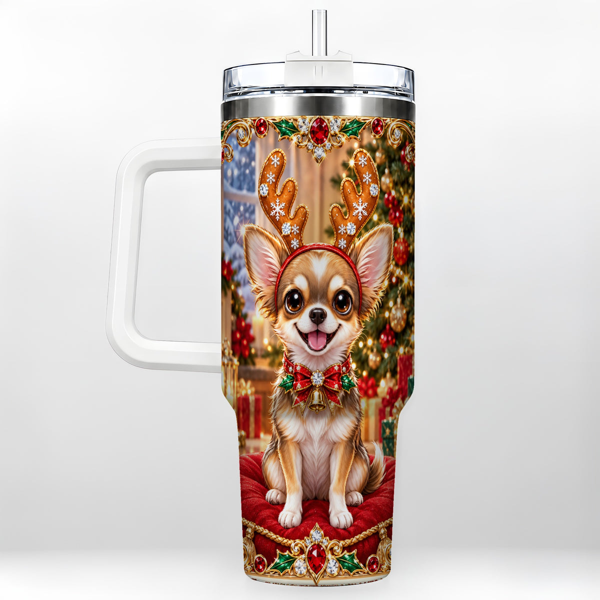 Christmas Chihuahua 40oz Tumbler with Handle, Reindeer Dog Travel Cup