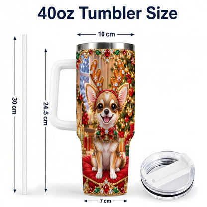 #pl[40oz|White] Christmas Chihuahua 40oz Tumbler with Handle, Reindeer Dog Travel Cup