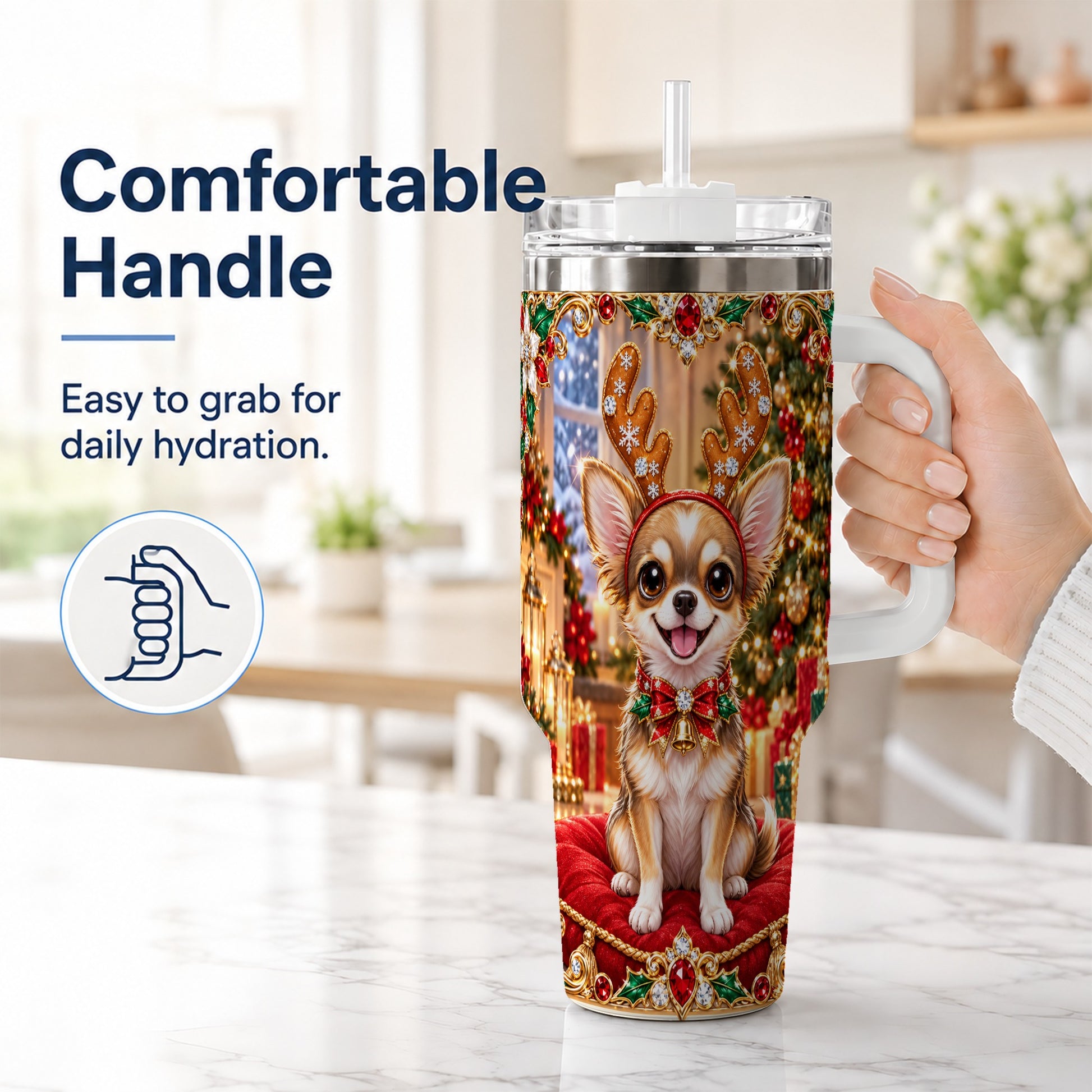 #pl[40oz|White] Christmas Chihuahua 40oz Tumbler with Handle, Reindeer Dog Travel Cup