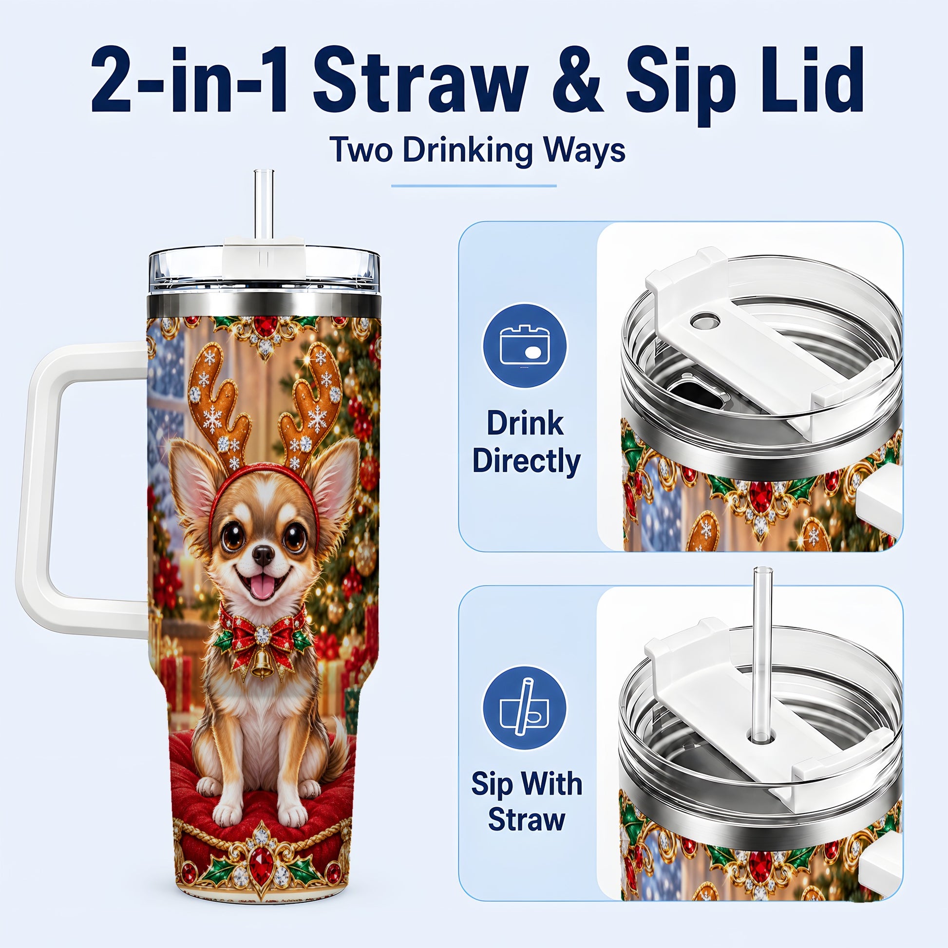#pl[40oz|White] Christmas Chihuahua 40oz Tumbler with Handle, Reindeer Dog Travel Cup