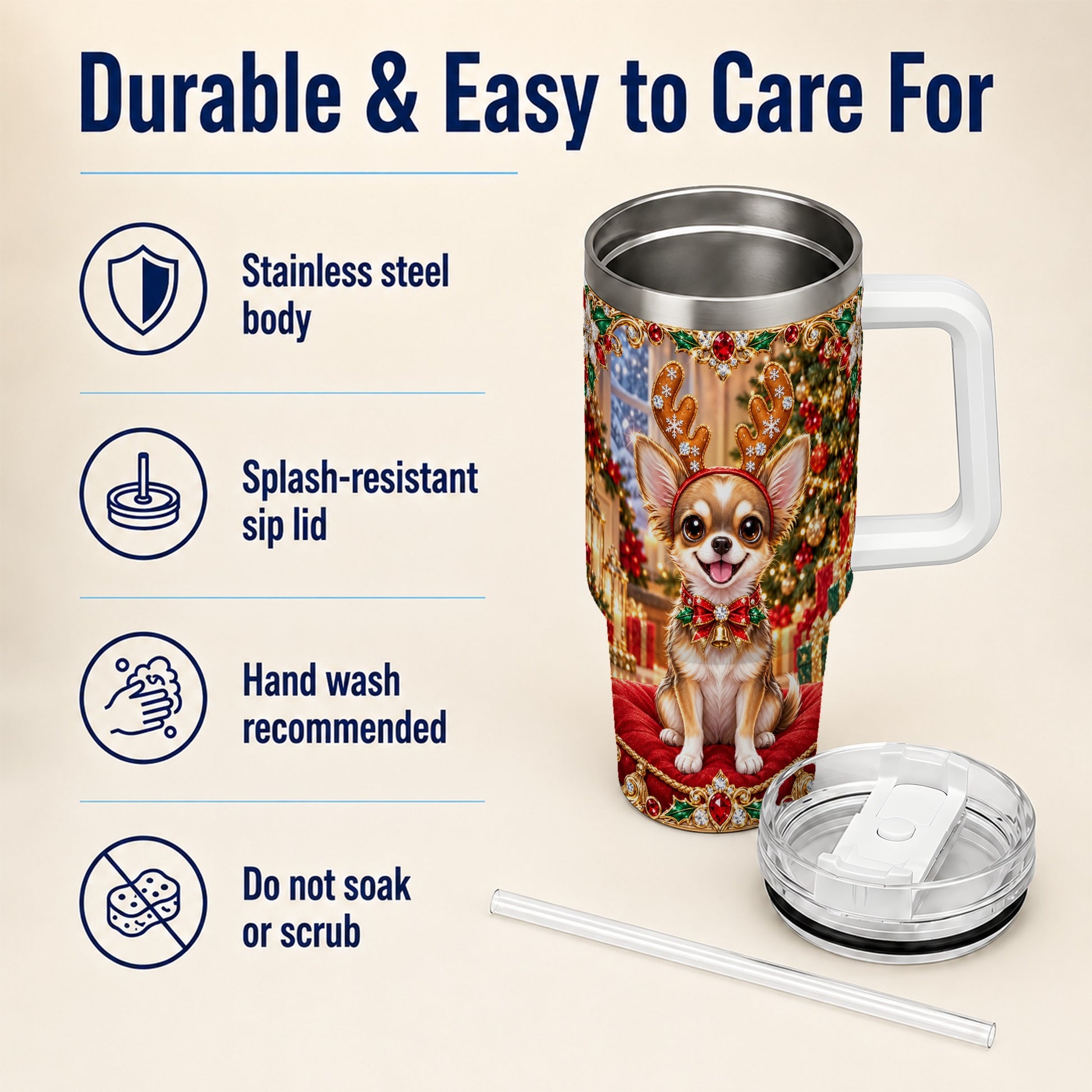 #pl[40oz|White] Christmas Chihuahua 40oz Tumbler with Handle, Reindeer Dog Travel Cup