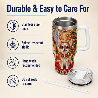 #pl[40oz|White] Christmas Chihuahua 40oz Tumbler with Handle, Reindeer Dog Travel Cup