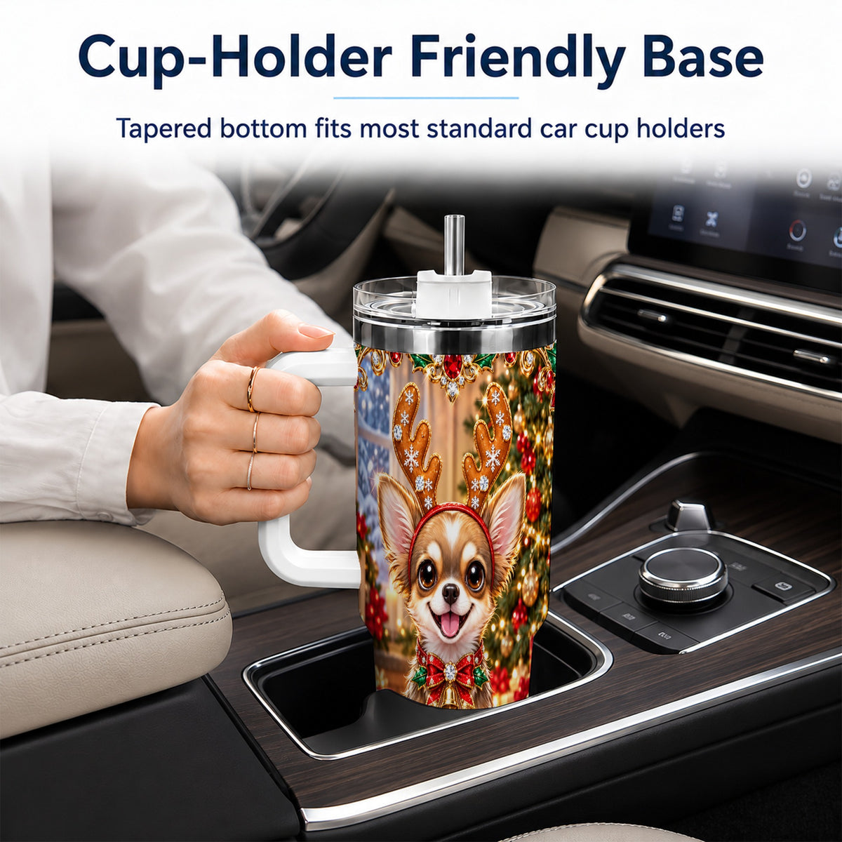 #pl[40oz|White] Christmas Chihuahua 40oz Tumbler with Handle, Reindeer Dog Travel Cup