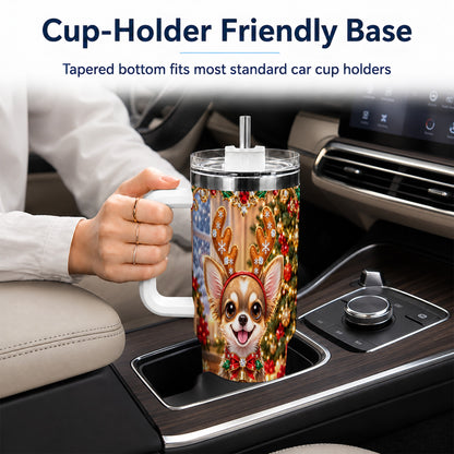 #pl[40oz|White] Christmas Chihuahua 40oz Tumbler with Handle, Reindeer Dog Travel Cup