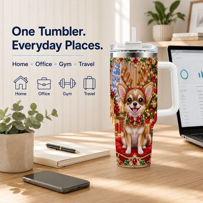#pl[40oz|White] Christmas Chihuahua 40oz Tumbler with Handle, Reindeer Dog Travel Cup