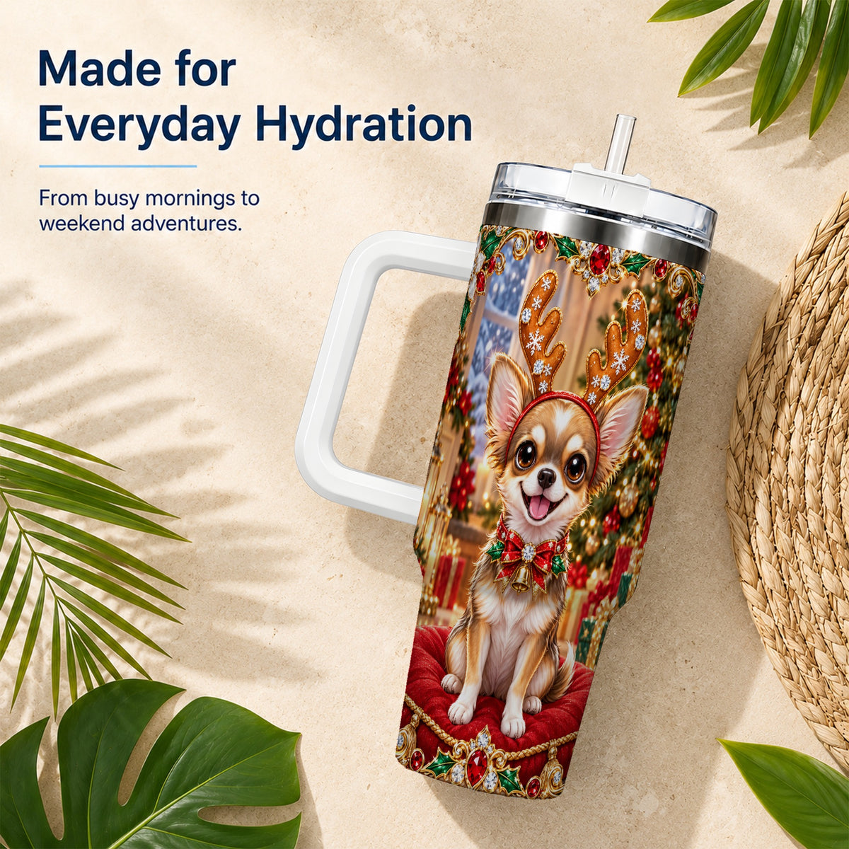#pl[40oz|White] Christmas Chihuahua 40oz Tumbler with Handle, Reindeer Dog Travel Cup