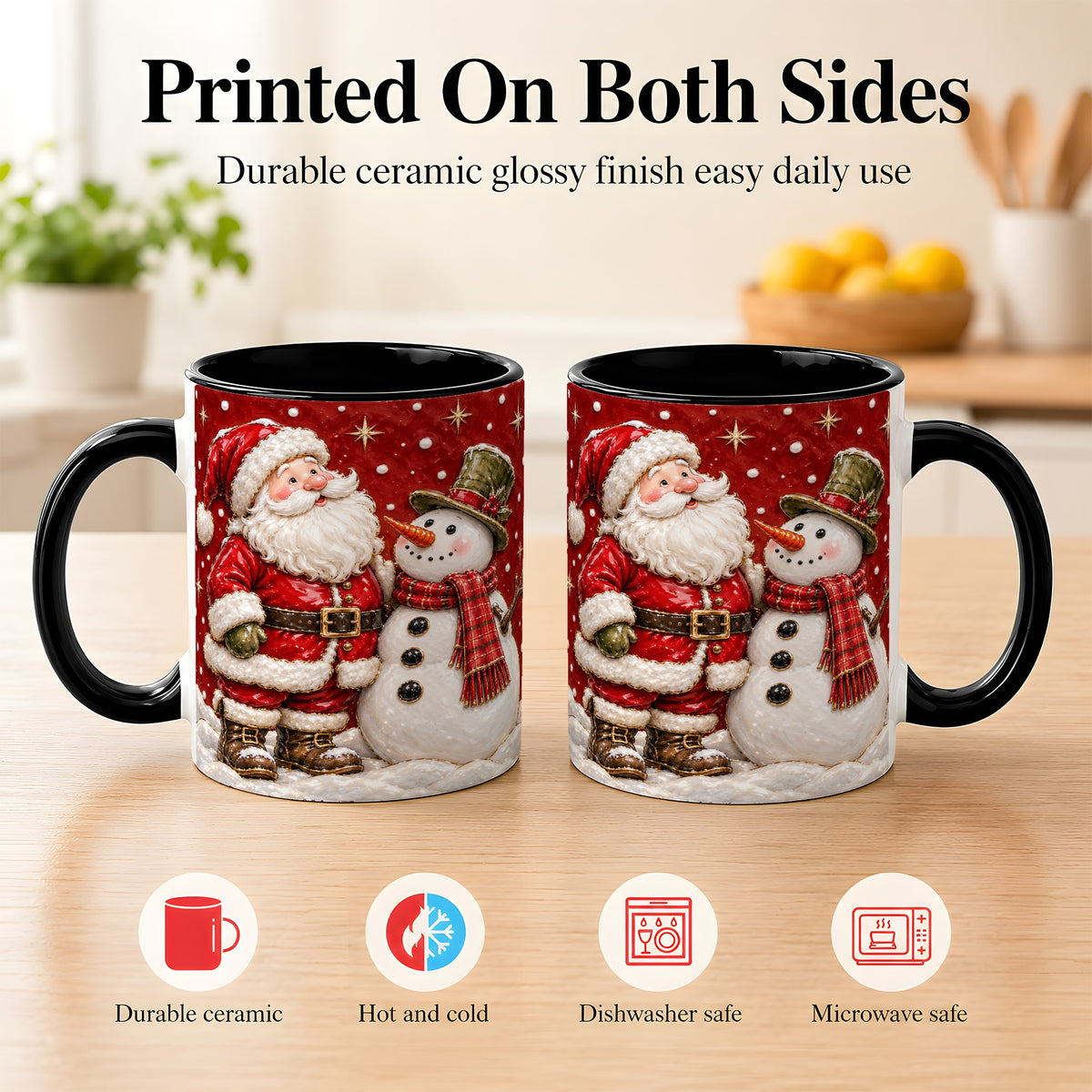 #pl[11oz|Black] Santa Snowman Christmas Coffee Mug, Winter Mug, Ceramic Cup