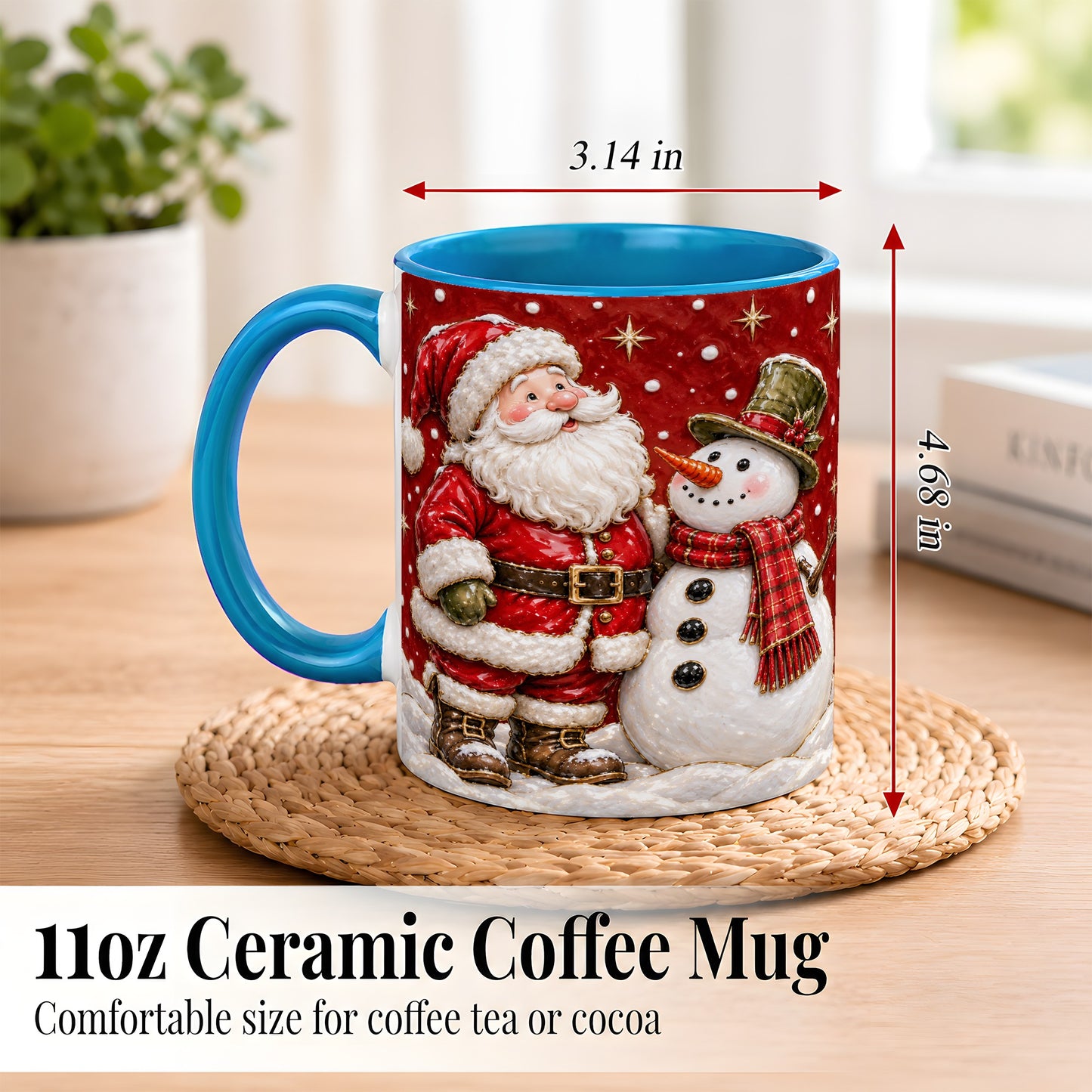 #pl[11oz|Blue] Santa Snowman Christmas Coffee Mug, Winter Mug, Ceramic Cup
