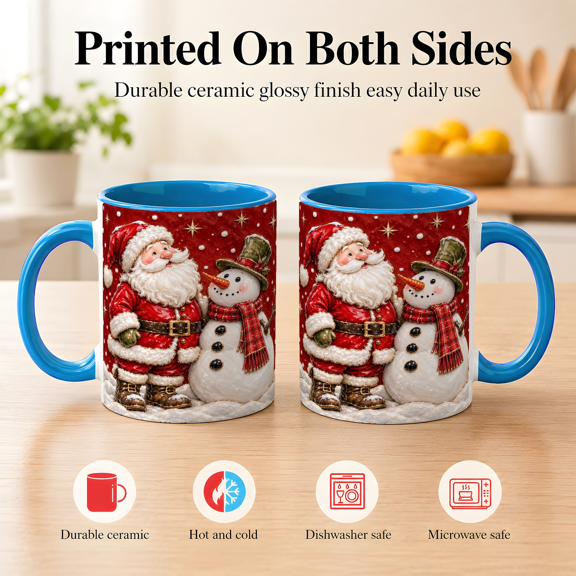 #pl[11oz|Blue] Santa Snowman Christmas Coffee Mug, Winter Mug, Ceramic Cup