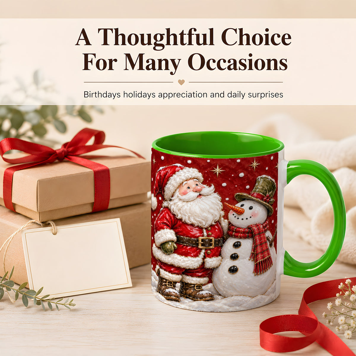 #pl[11oz|Green] Santa Snowman Christmas Coffee Mug, Winter Mug, Ceramic Cup