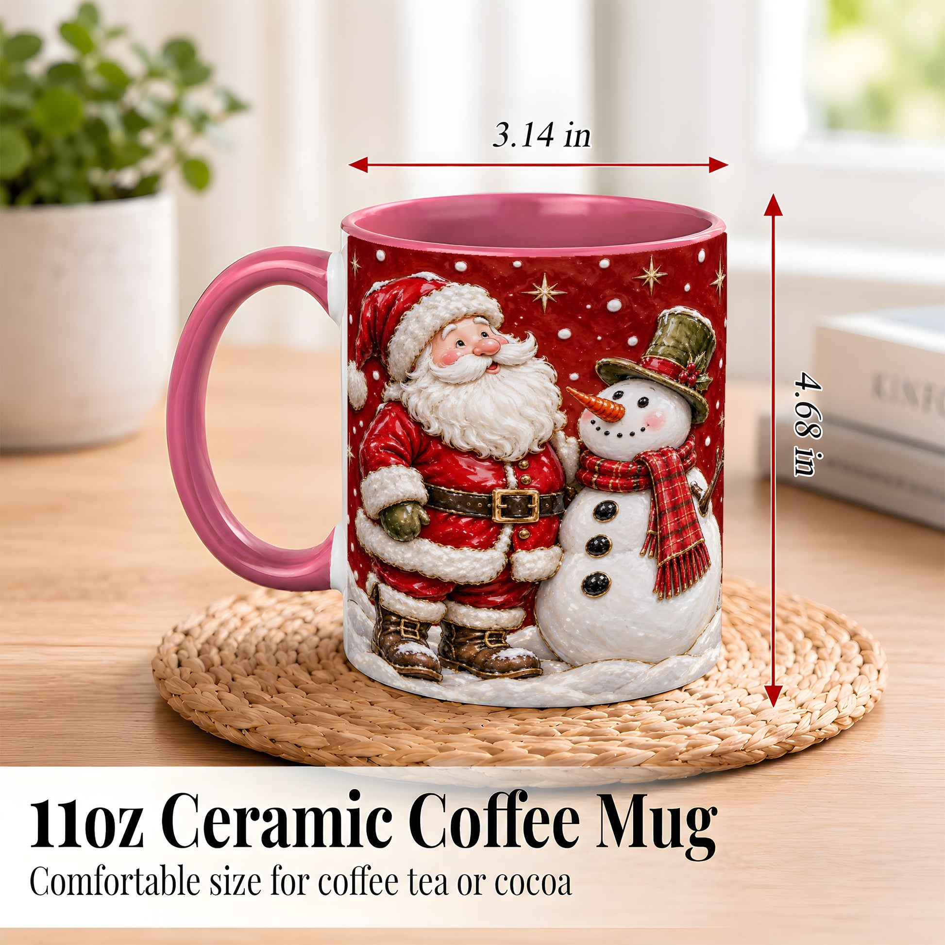 #pl[11oz|Pink] Santa Snowman Christmas Coffee Mug, Winter Mug, Ceramic Cup