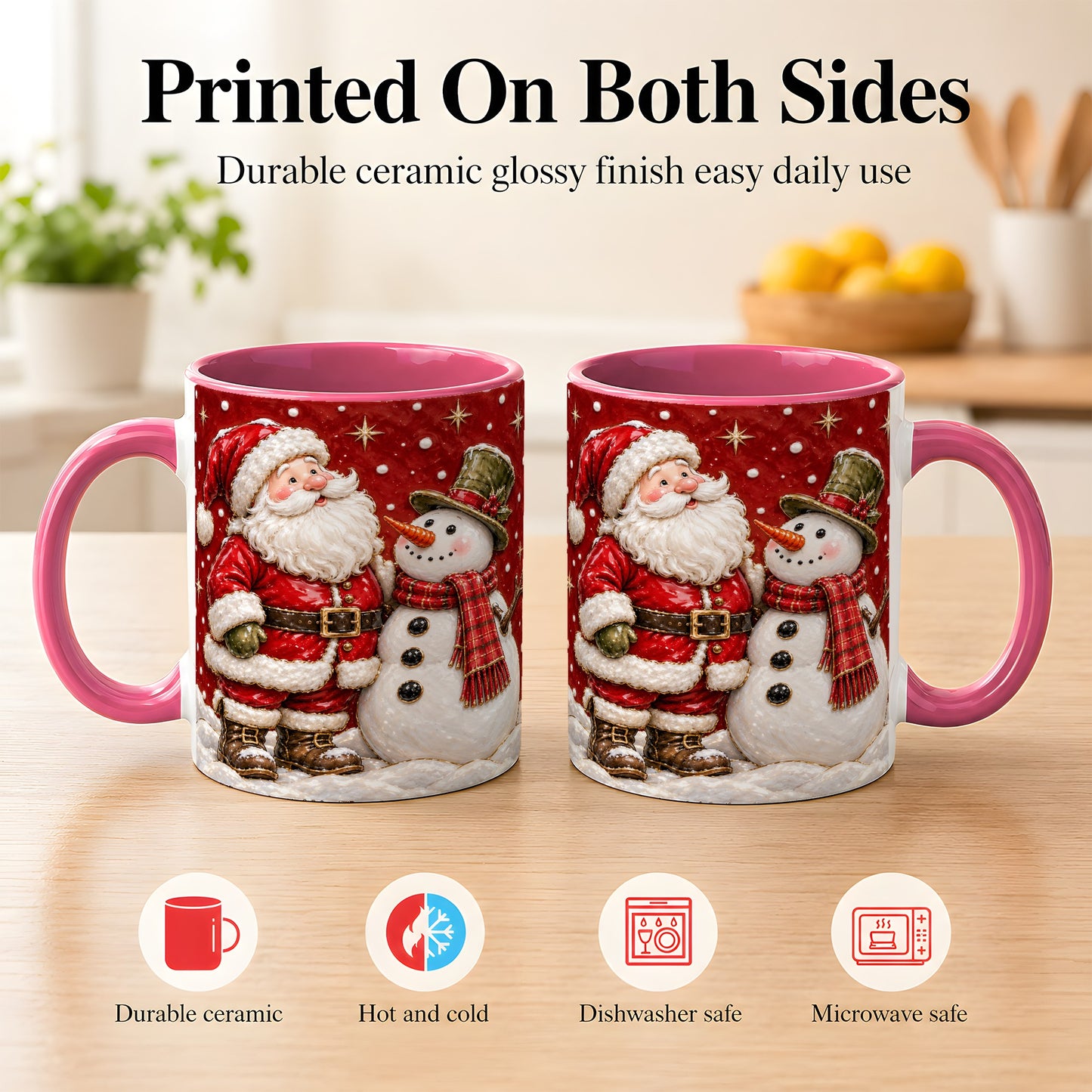 #pl[11oz|Pink] Santa Snowman Christmas Coffee Mug, Winter Mug, Ceramic Cup