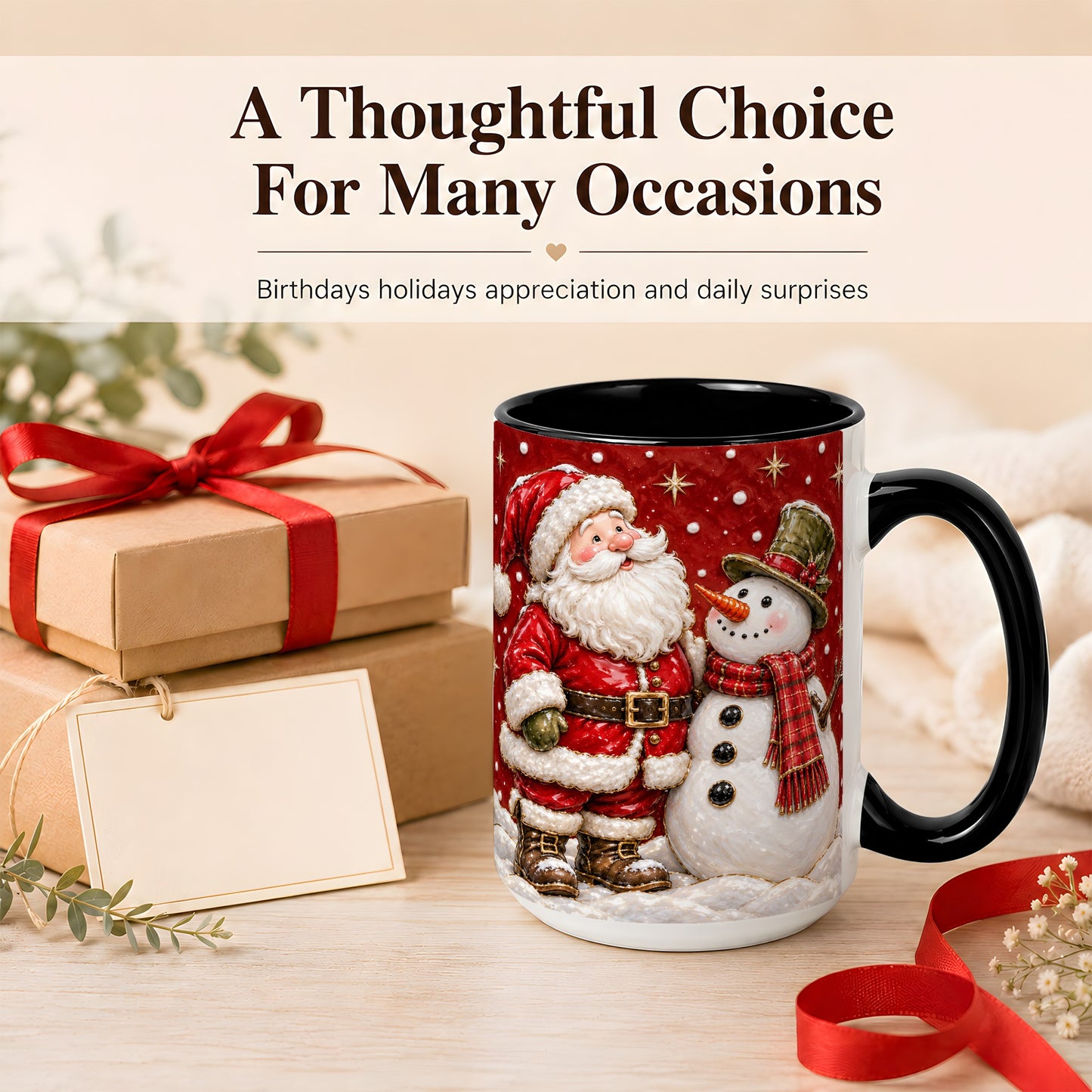 #pl[15oz|Black] Santa Snowman Christmas Coffee Mug, Winter Mug, Ceramic Cup
