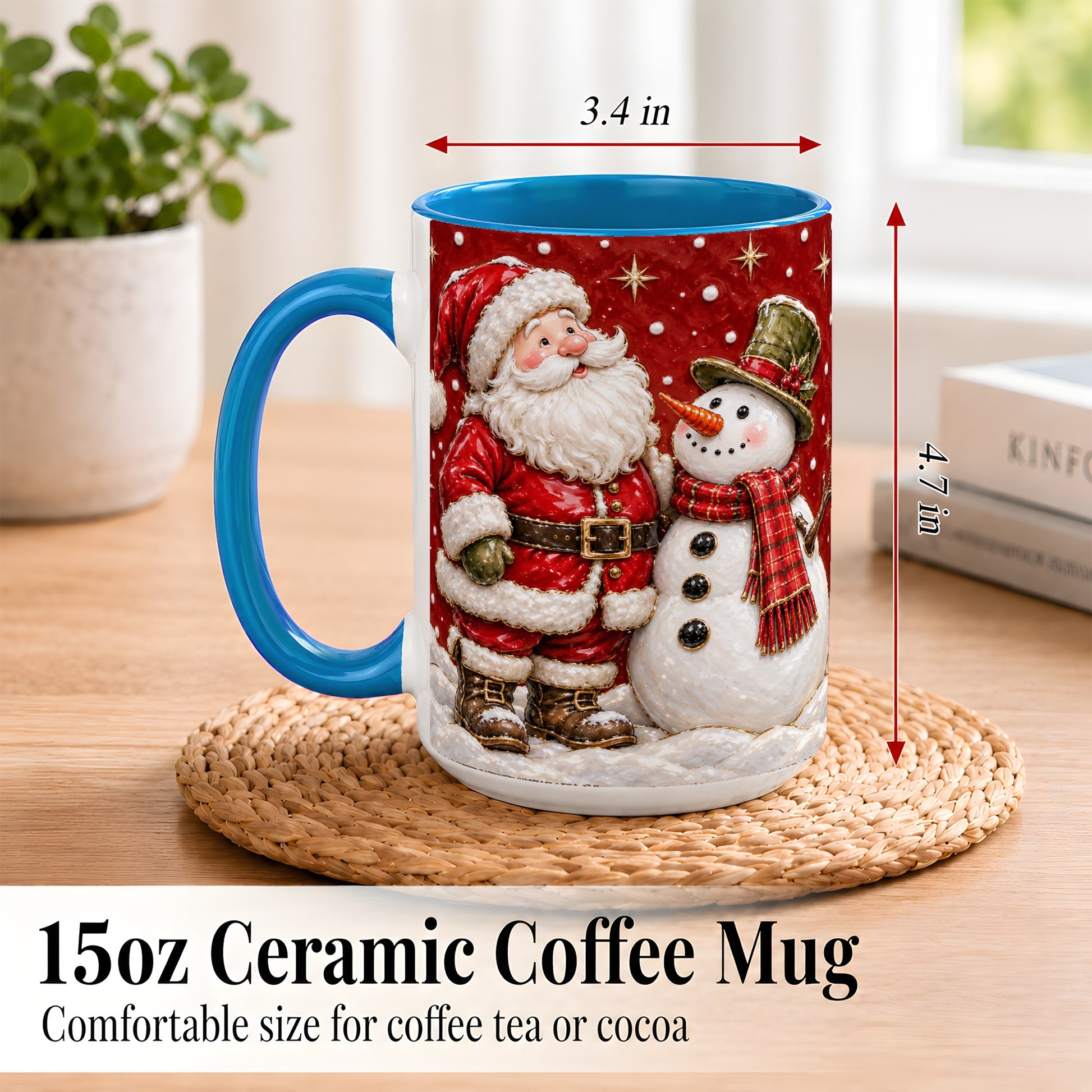 #pl[15oz|Blue] Santa Snowman Christmas Coffee Mug, Winter Mug, Ceramic Cup